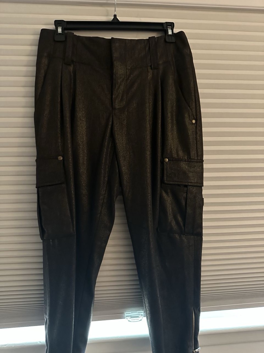 Alice + Olivia Black Cargo-Style Pants w/ metallic bronze sheen.